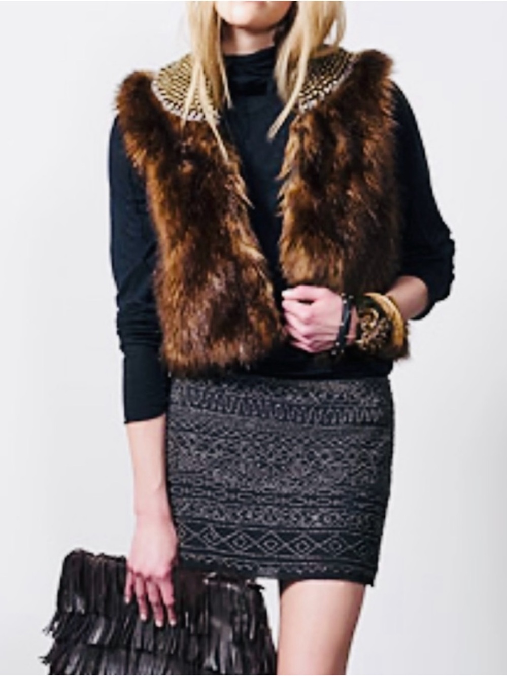 GRYPHON NY NEW YORK FAUX FUR BROWN BRASS BEADED COLLAR BOHO THE ROCKER VEST M